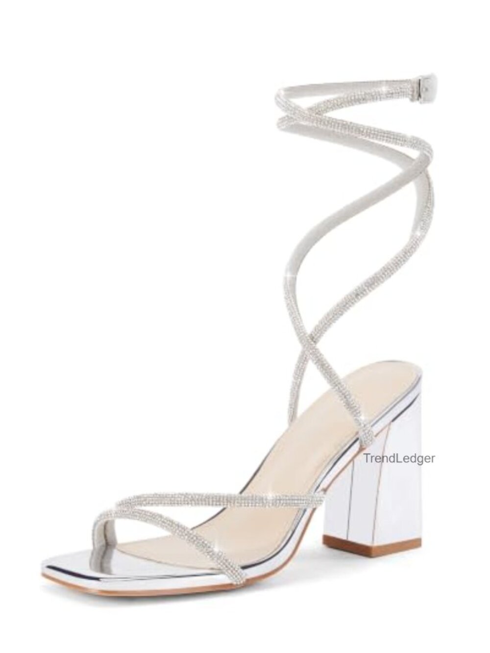 Faux Leather Lace Up Chunky Heel Rhinestone Sandals Square Open Toe Wedding